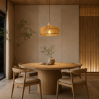 Wood pendant light illuminating a round dining table against a wood-paneled wall.
