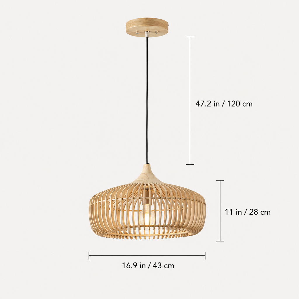Wood pendant light shown with labeled height and shade dimensions on a white background.