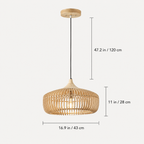 Wood pendant light shown with labeled height and shade dimensions on a white background.