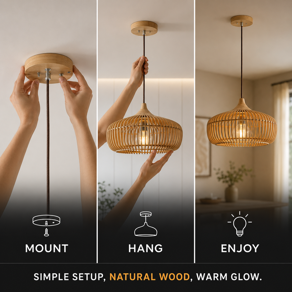 Wood pendant light shown through three steps for mounting, hanging, and use.