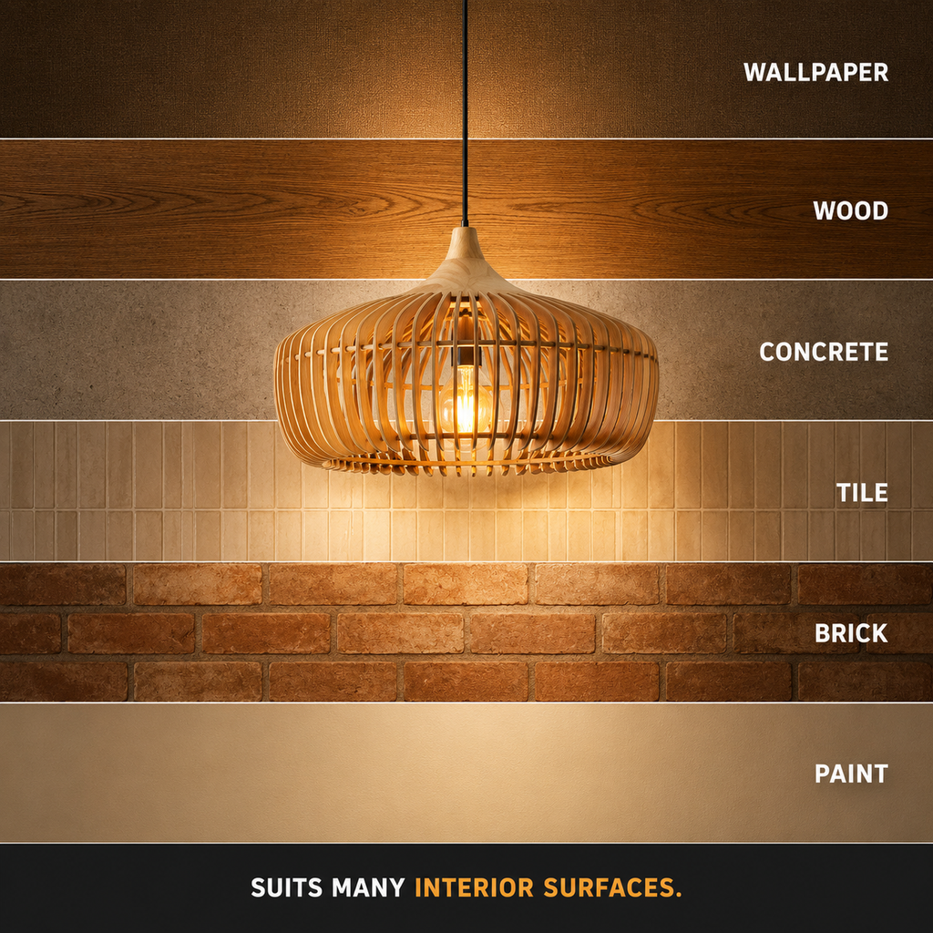 Wood pendant light displayed against five different wall and ceiling finishes.