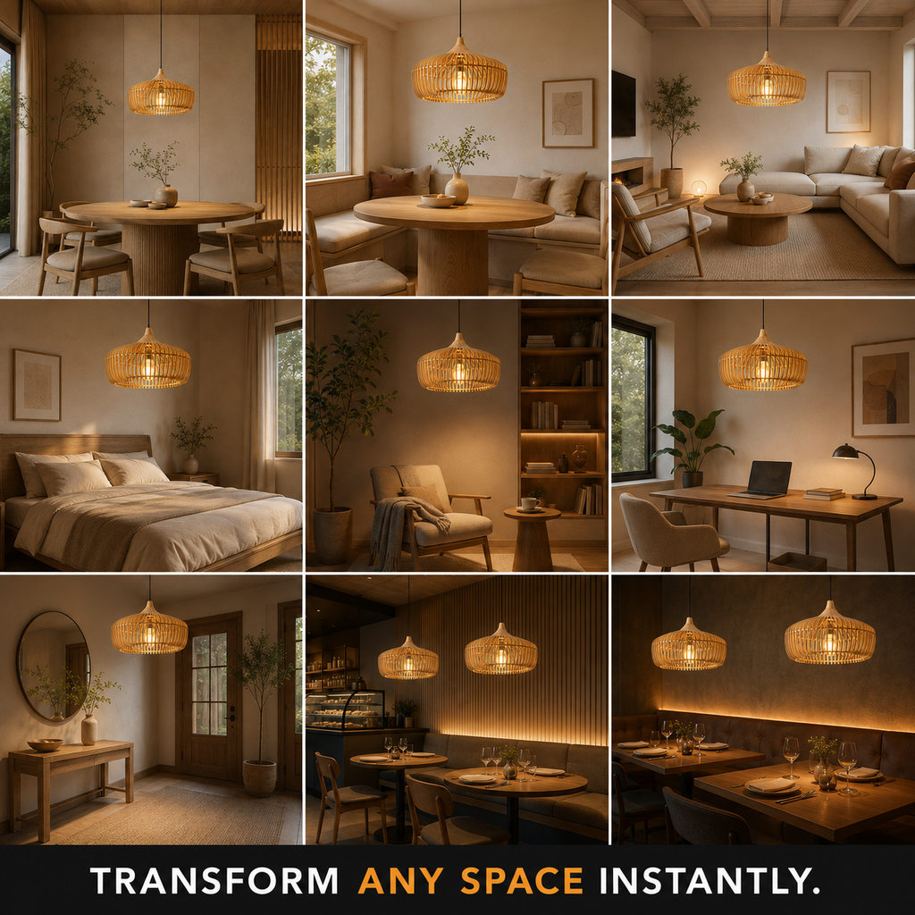 Wood pendant light shown in a grid of dining rooms, bedrooms, and living spaces.