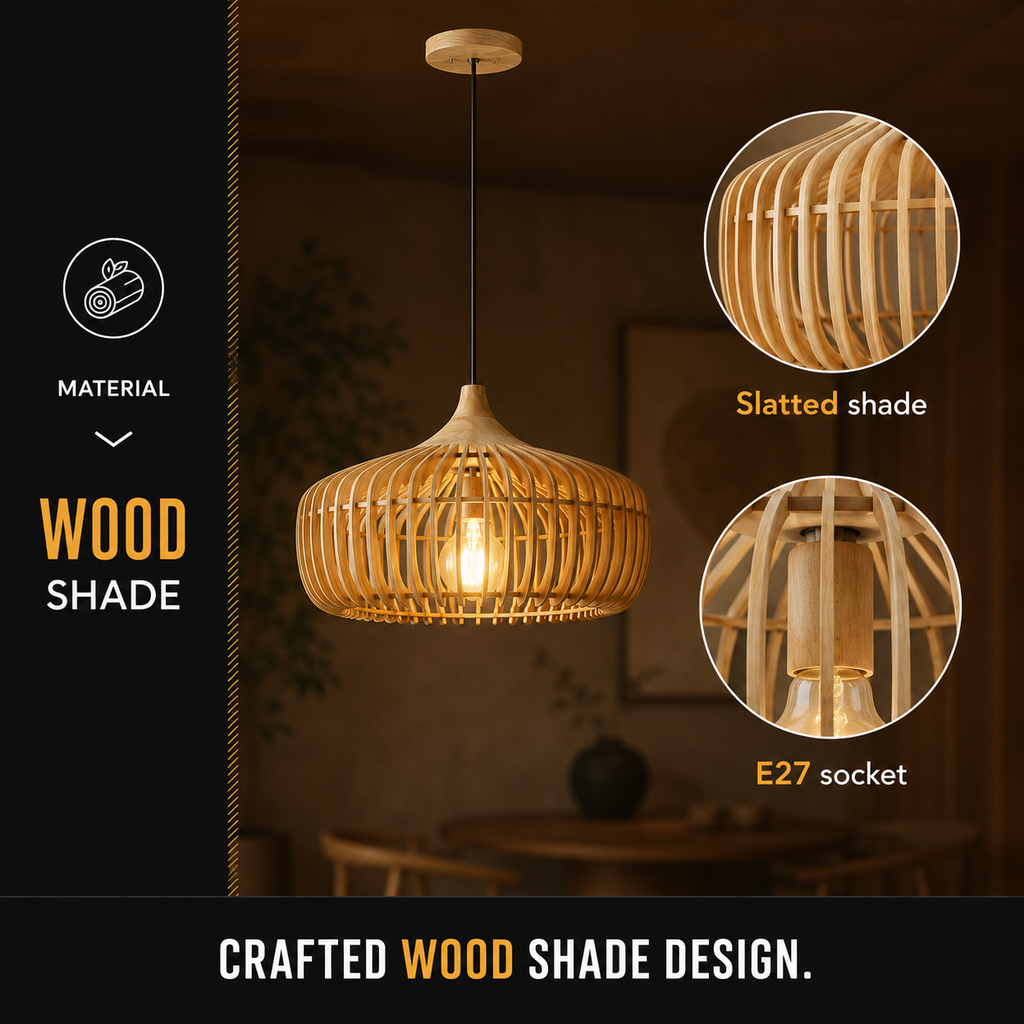 Wood pendant light with close-up views of the slatted shade and bulb opening.