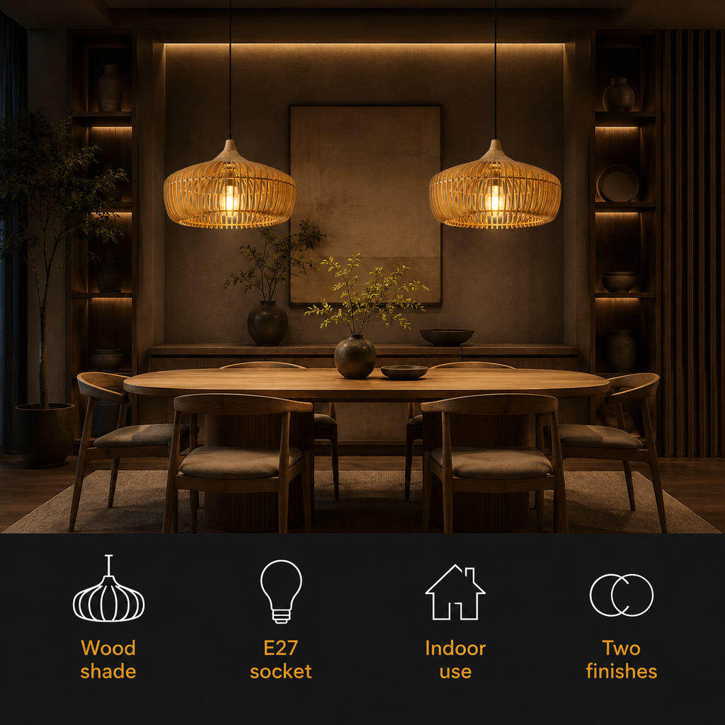 Two wood pendant lights glowing above a dining table with feature icons below.