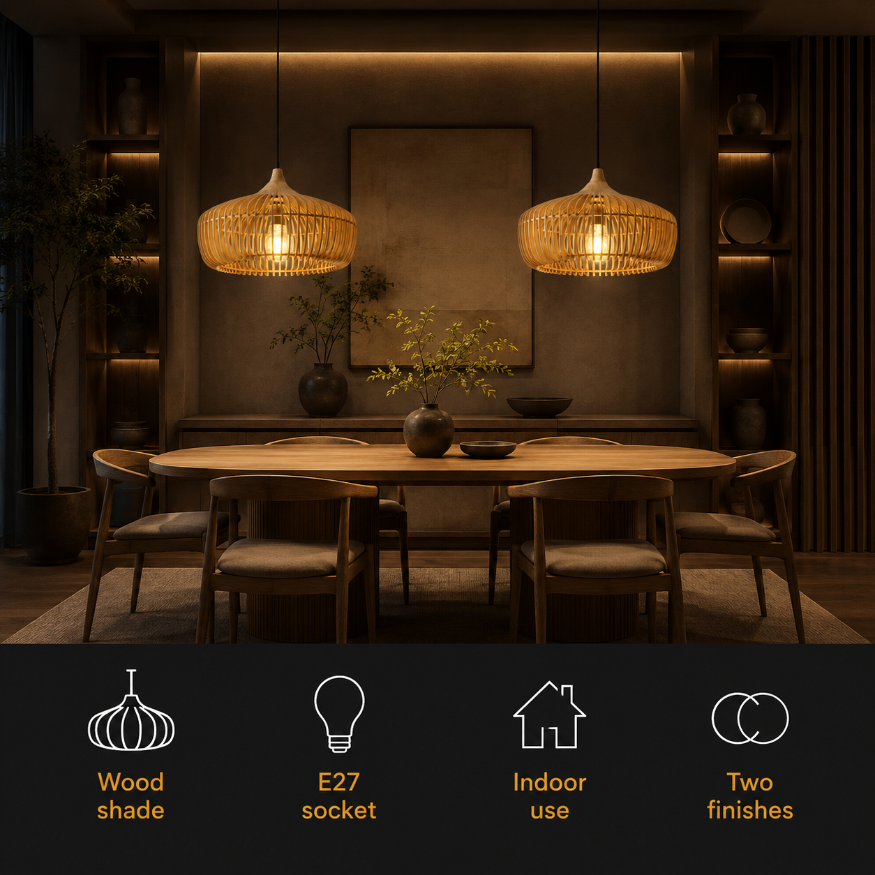Two wood pendant lights glowing above a dining table with feature icons below.
