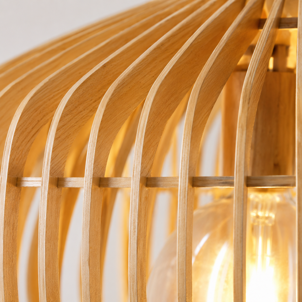 Wood pendant light close-up showing curved wooden slats and a glowing bulb.