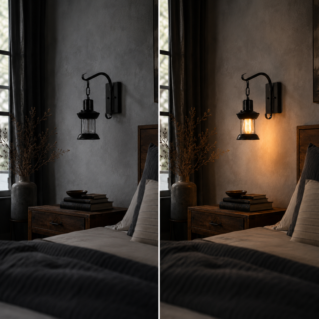 Black lantern wall sconce shown switched off and on beside a bed in the same bedroom.