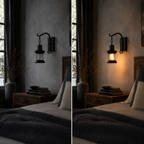 Black lantern wall sconce shown switched off and on beside a bed in the same bedroom.