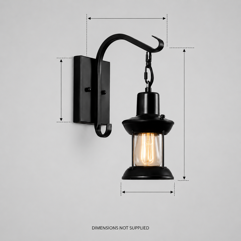 Black lantern wall sconce shown from the front and side with labeled dimensions.