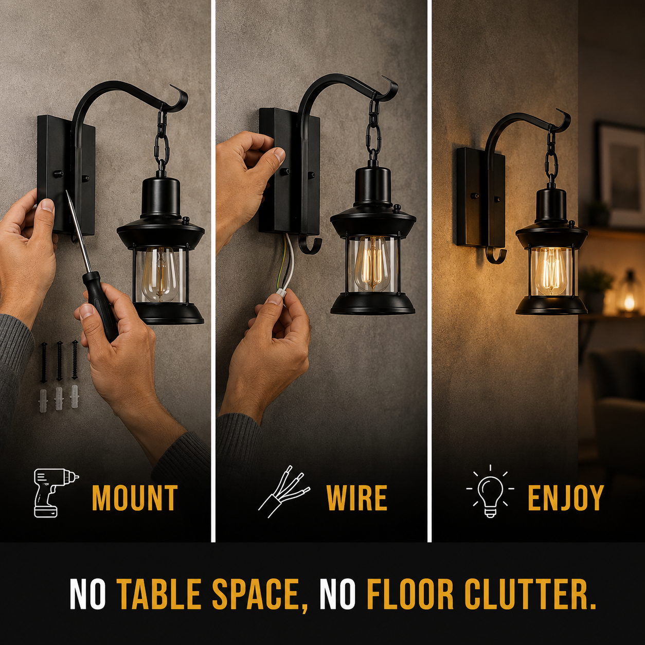 Black lantern wall sconce shown through mounting, hanging, and illuminated use.