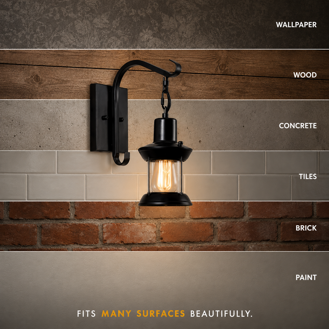 Black lantern wall sconce displayed against marble, wood, cement, brick, and tile surfaces.