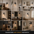 Black lantern wall sconce shown in bedrooms, hallways, dining areas, and living spaces.