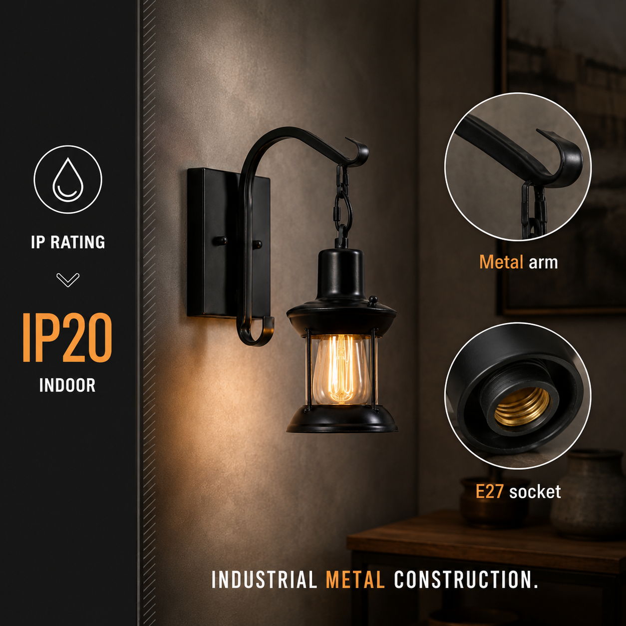Black lantern wall sconce with IP20 marking and close-up views of the frame and bulb holder.