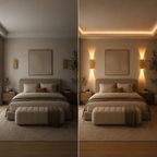 Gold rectangular wall sconce shown switched off and on beside a bed in the same bedroom.
