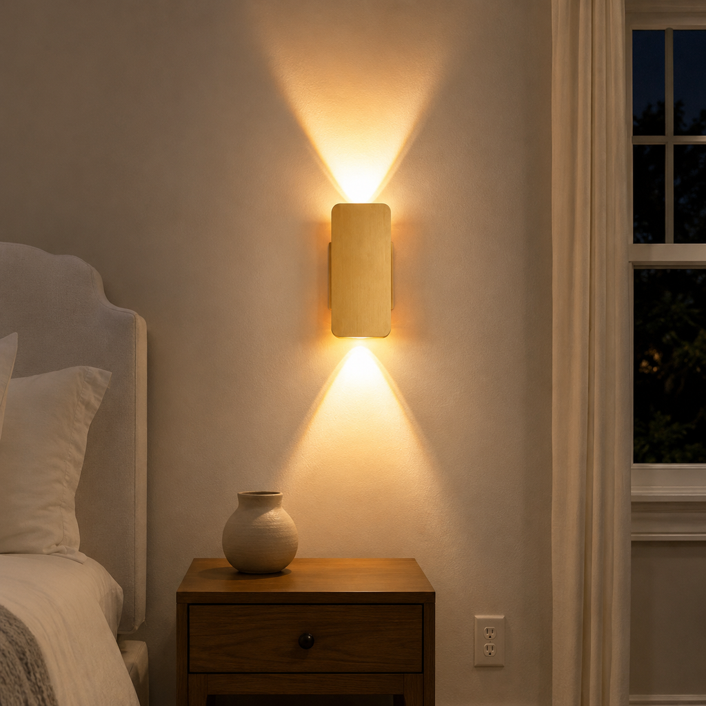 Gold rectangular wall sconce glowing above a bedside table in a neutral bedroom.
