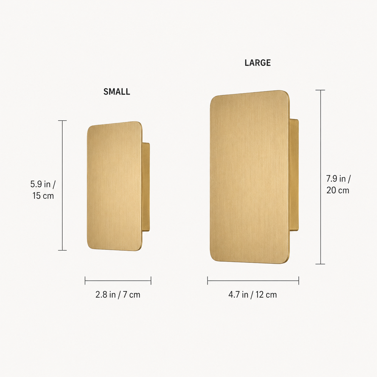Gold rectangular wall sconce shown from the front and side with labeled dimensions.