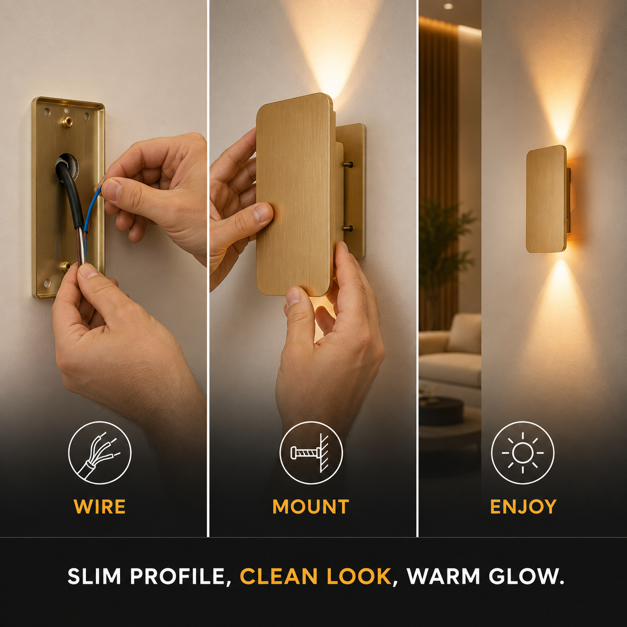 Gold rectangular wall sconce shown in close-up views of its slim profile, mounting, and warm glow.