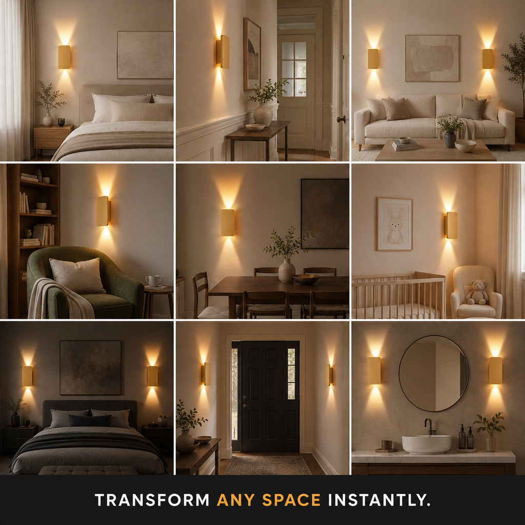 Gold rectangular wall sconce shown illuminating bedrooms, hallways, dining areas, and living spaces.