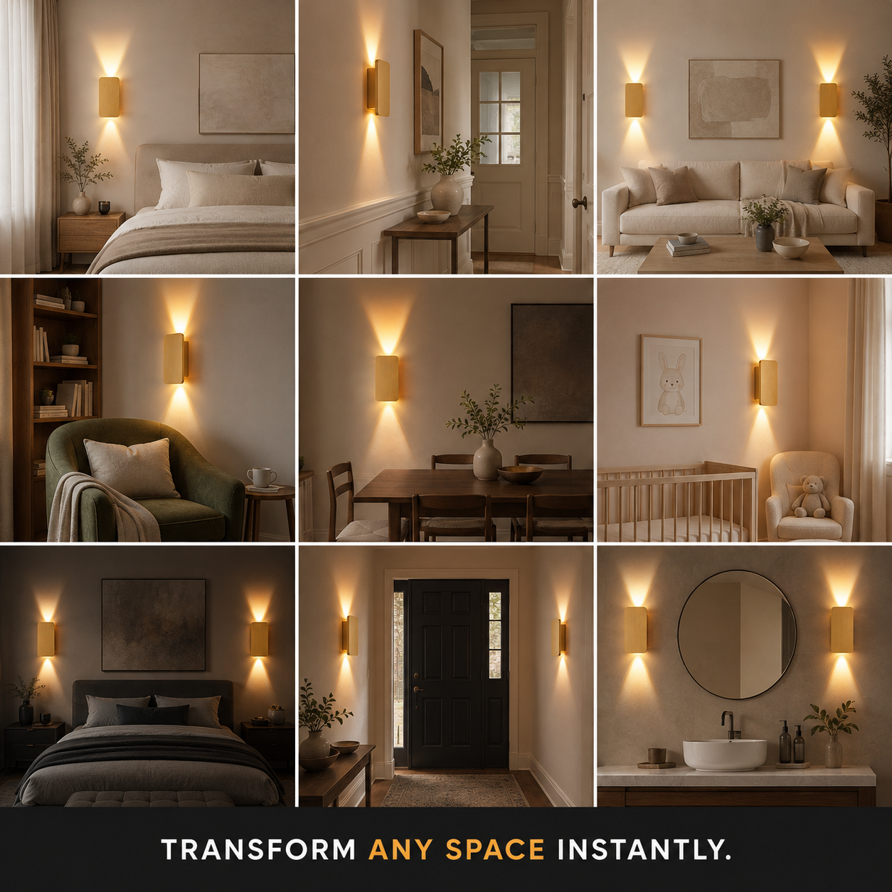 Gold rectangular wall sconce shown illuminating bedrooms, hallways, dining areas, and living spaces.