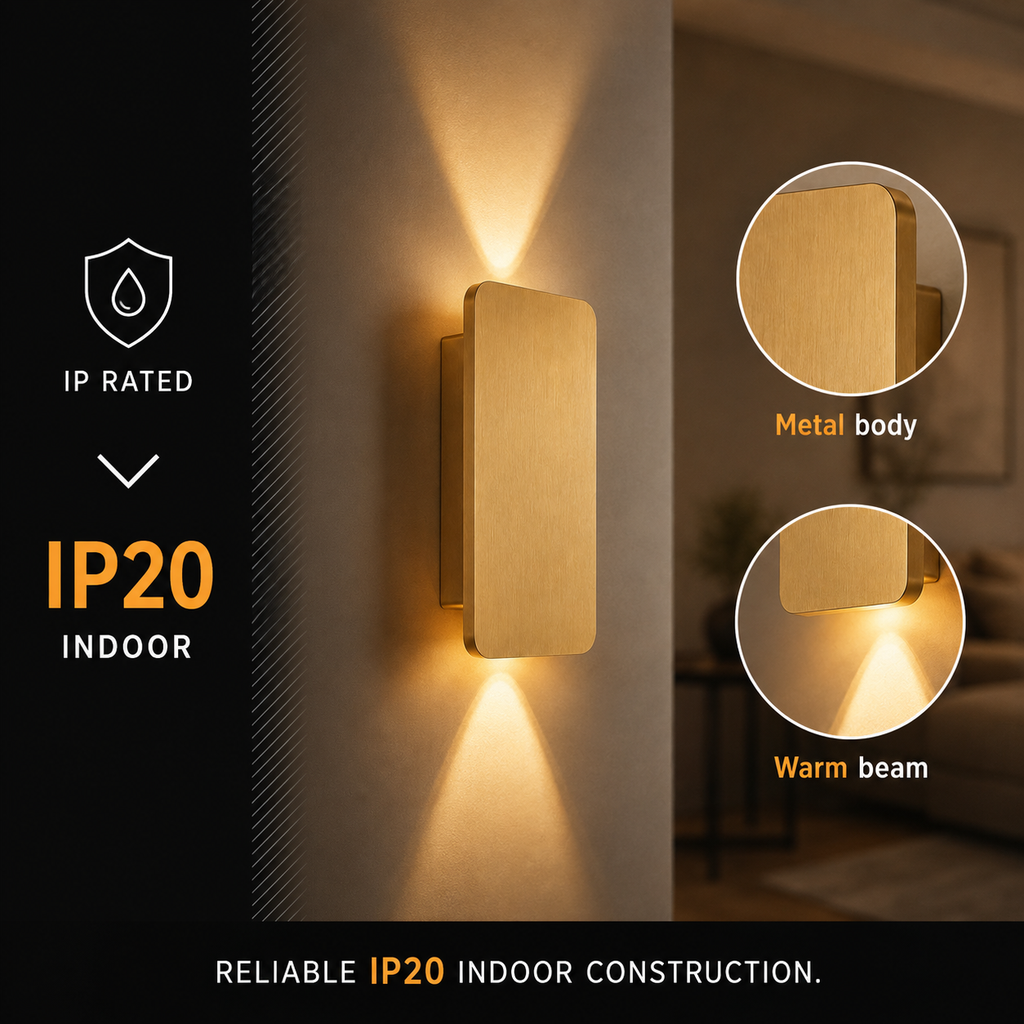 Gold rectangular wall sconce with IP20 marking and close-up views of the fixture.