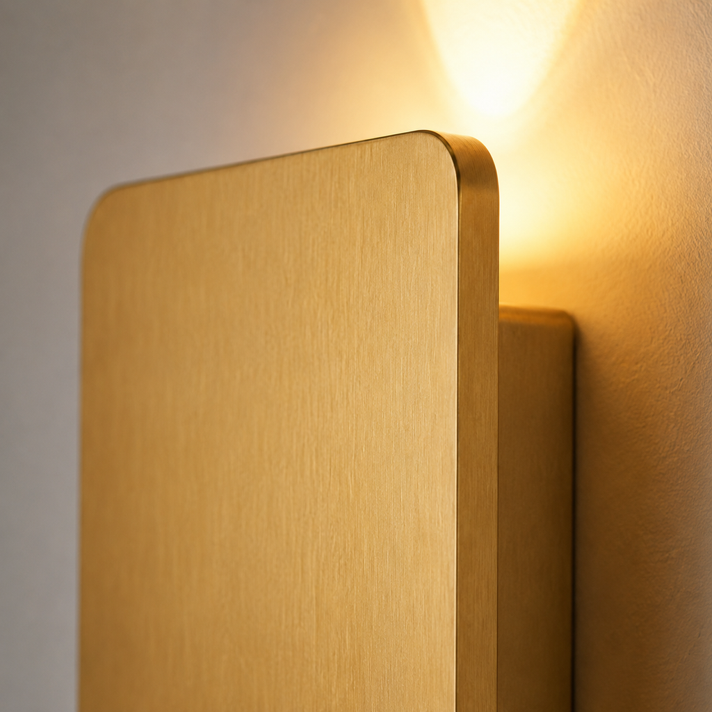 Gold rectangular wall sconce close-up showing the softly textured face and warm backlighting.