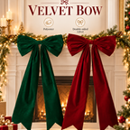 Long Velvet Christmas Bow — red and green bows in a holiday display