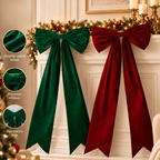 Long Velvet Christmas Bow — red and green bows with product feature labels