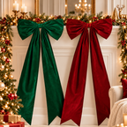 Long Velvet Christmas Bow — red and green bows on a mantel
