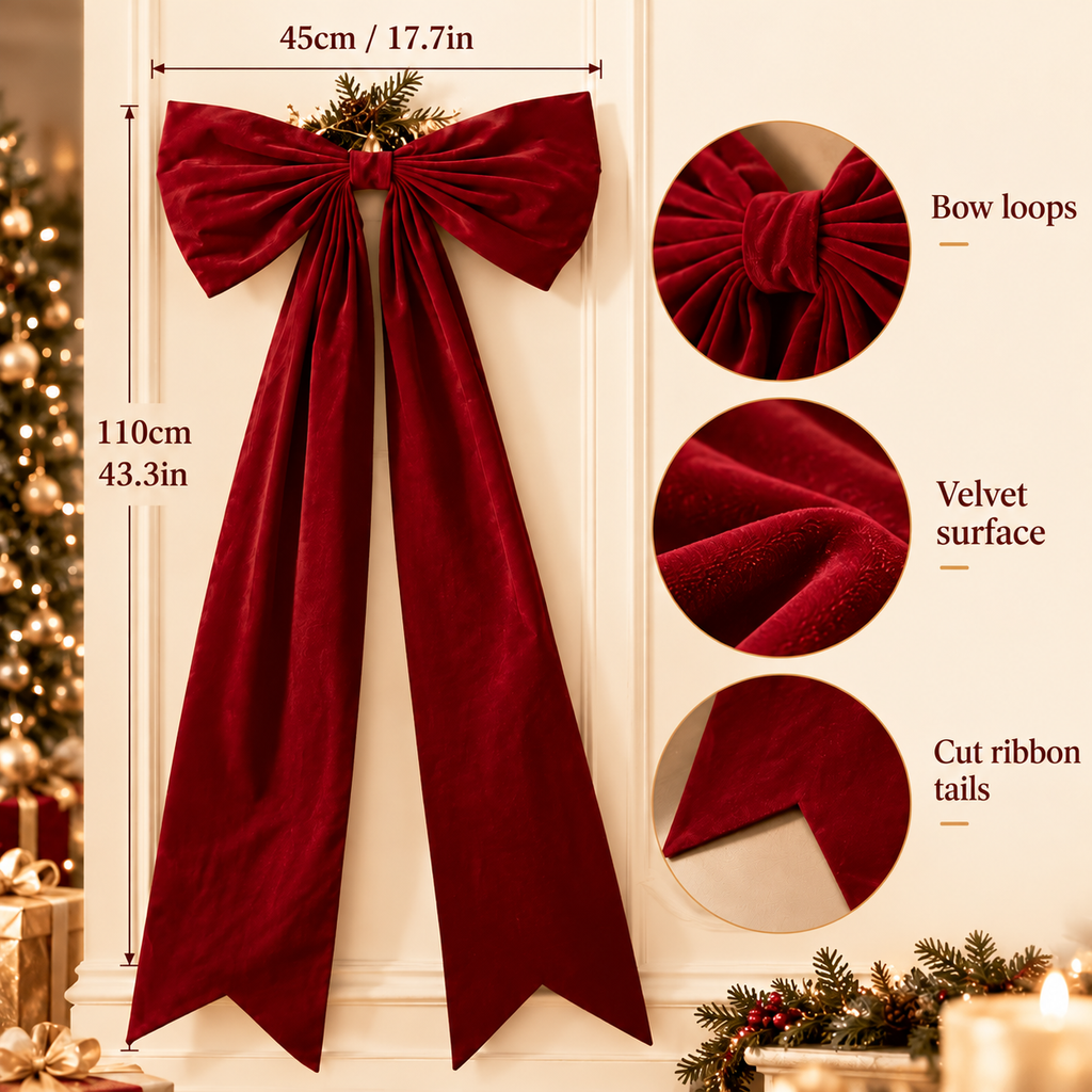 Long Velvet Christmas Bow — dimension and velvet detail graphic