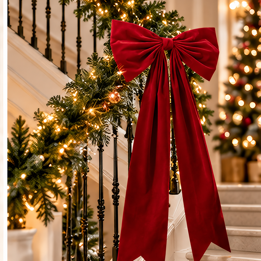 Long Velvet Christmas Bow — red bow on a decorated staircase