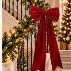 Long Velvet Christmas Bow — red bow on a decorated staircase