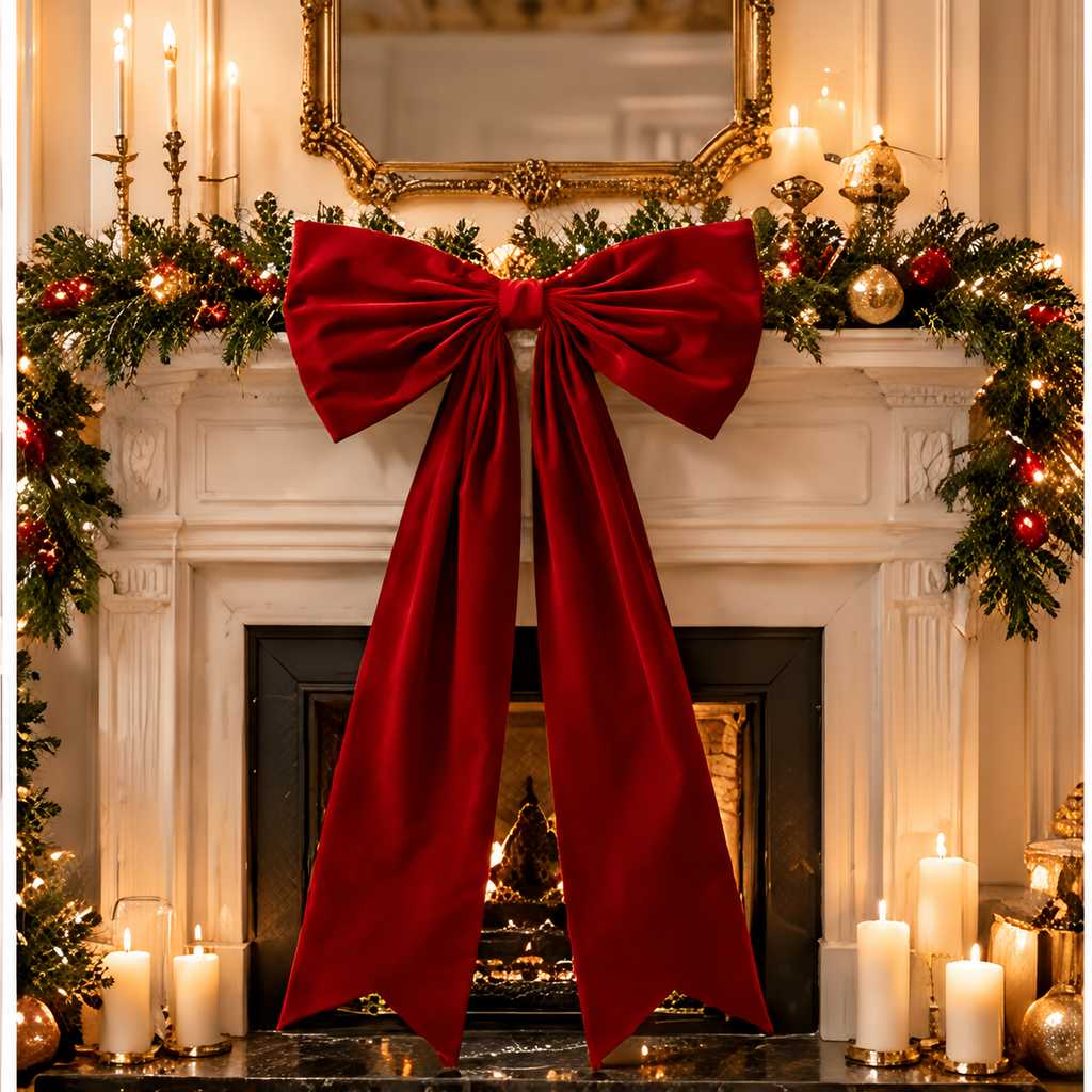 Long Velvet Christmas Bow — red bow on a fireplace