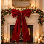 Long Velvet Christmas Bow — red bow on a fireplace