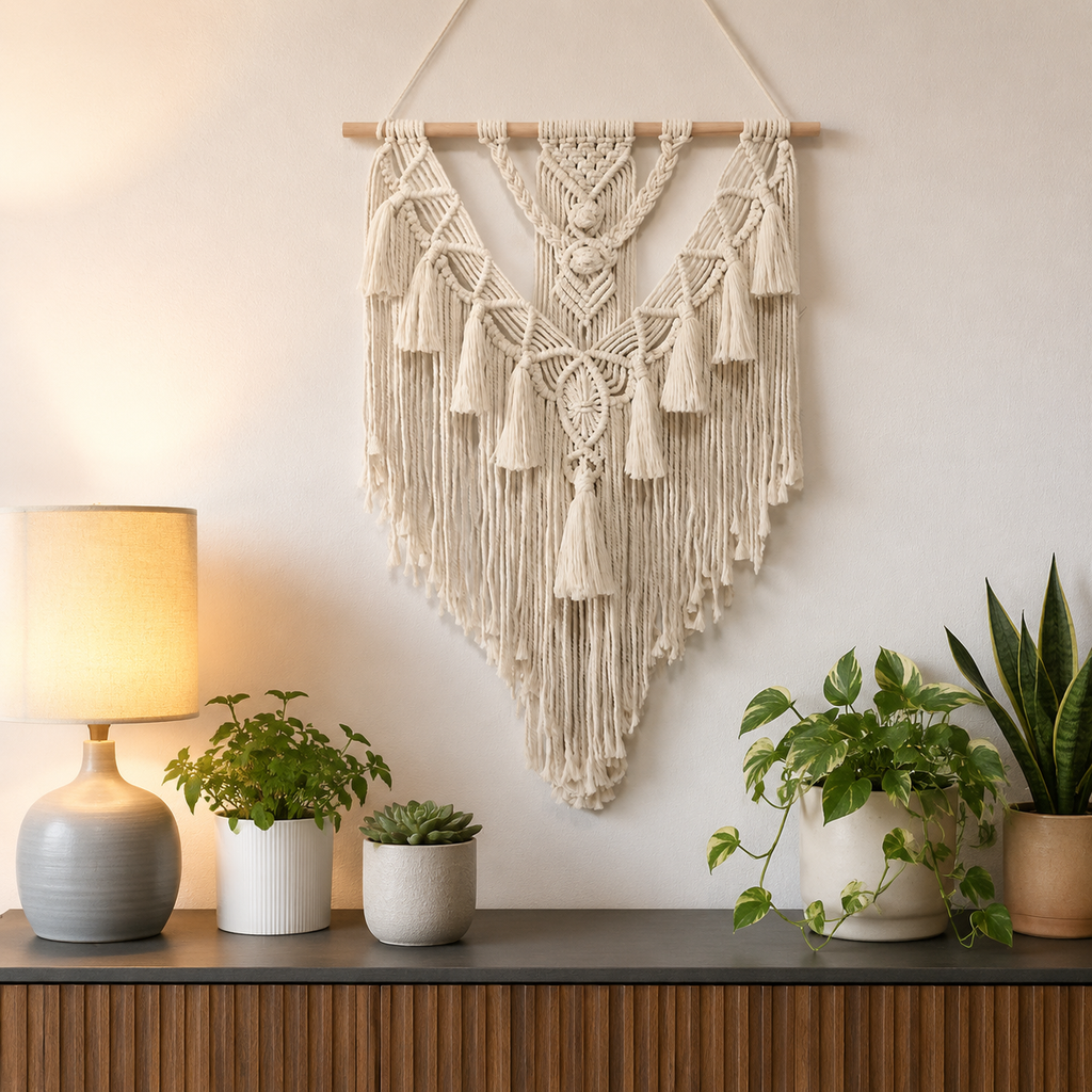 Natural macrame wall hanging centered above a console with potted plants.