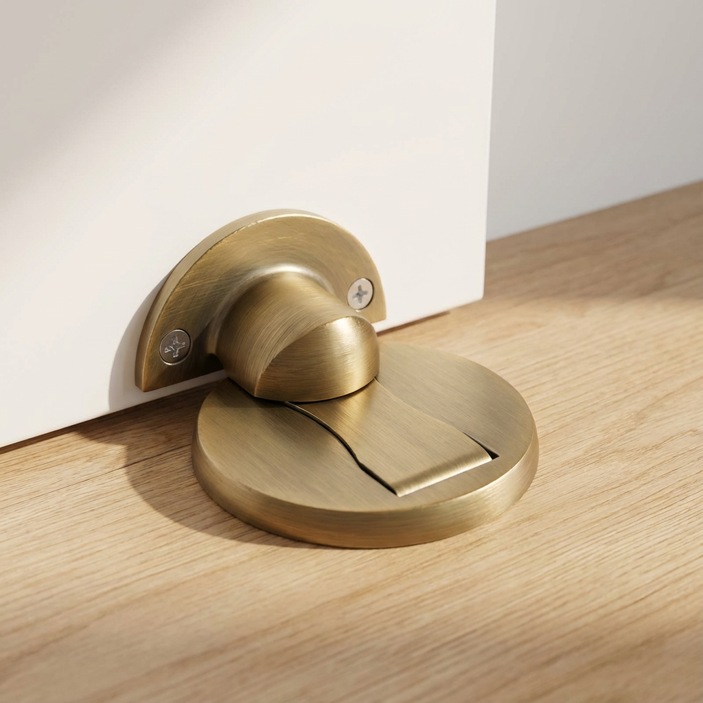 Bronze magnetic door stop holding a white interior door open.