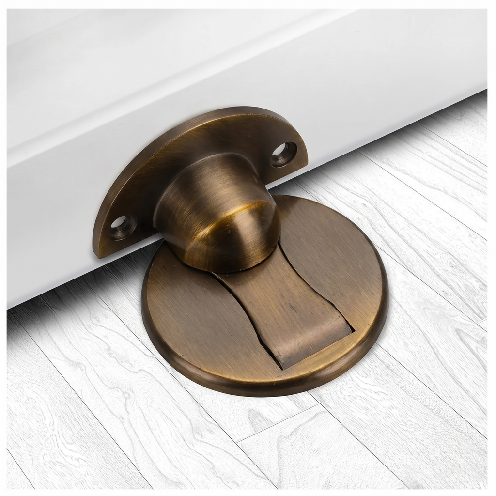 Bronze yellowish magnetic door stop mounted against a white door.
