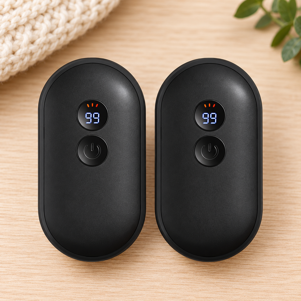Two black magnetic rechargeable hand warmers with digital displays
