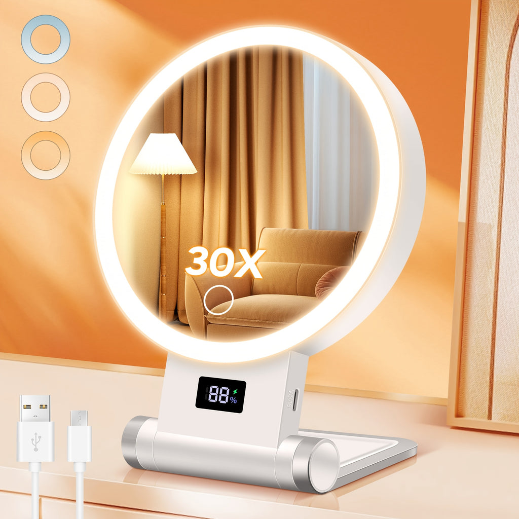 White 1X and 30X magnifying makeup mirror in adjustable tabletop position