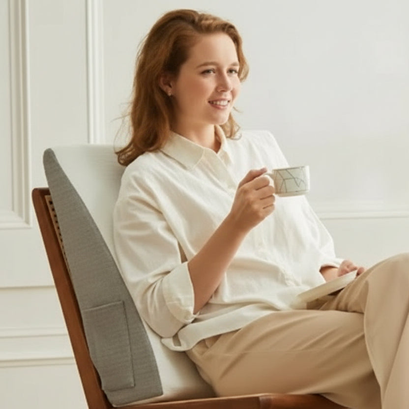 Woman reading against a gray wedge pillow in a chair.