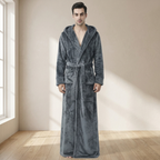 Gray mens hooded bathrobe shown at full length in a bright room.