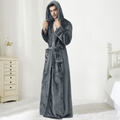 Gray plush mens hooded bathrobe with belt and long sleeves.