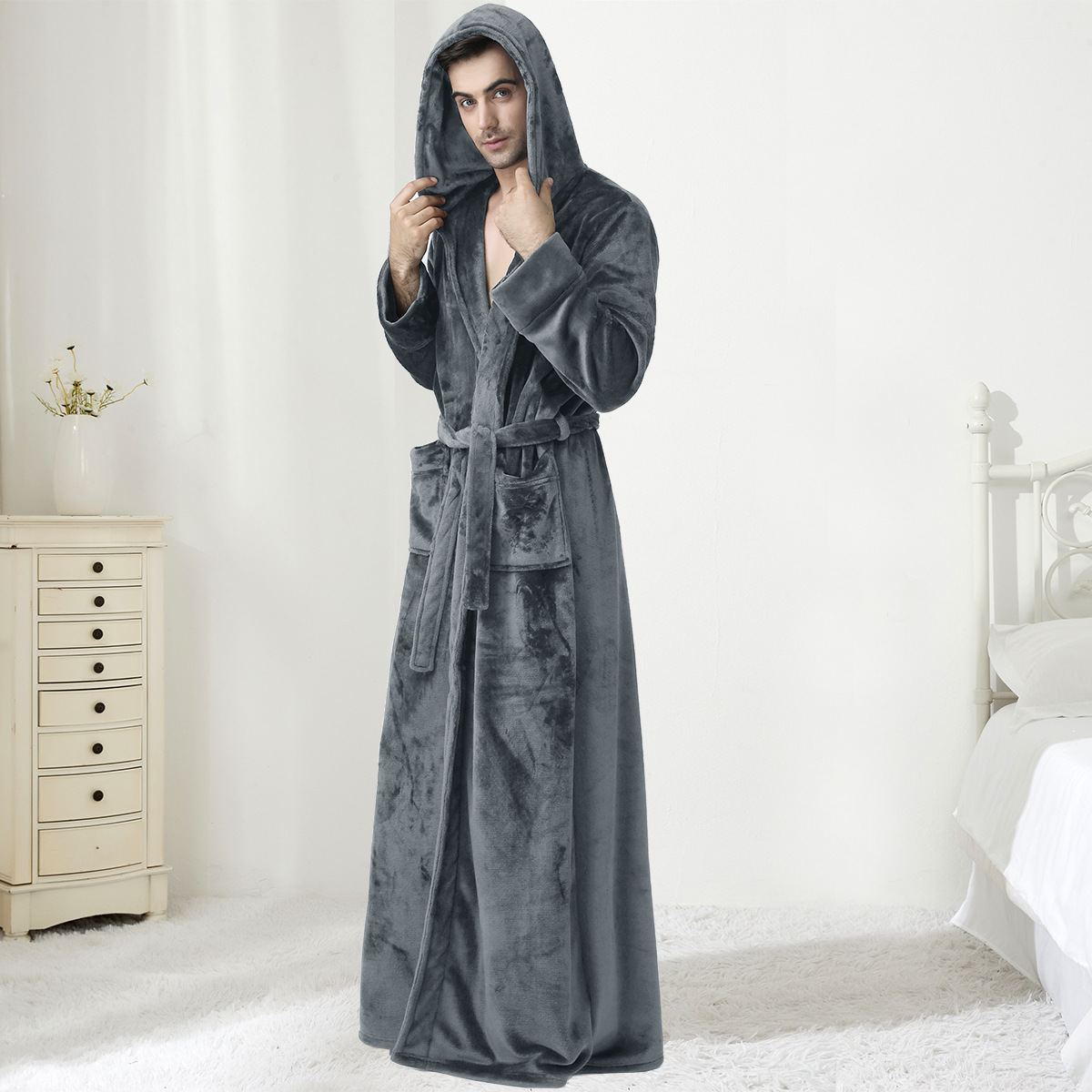 Gray plush mens hooded bathrobe with belt and long sleeves.