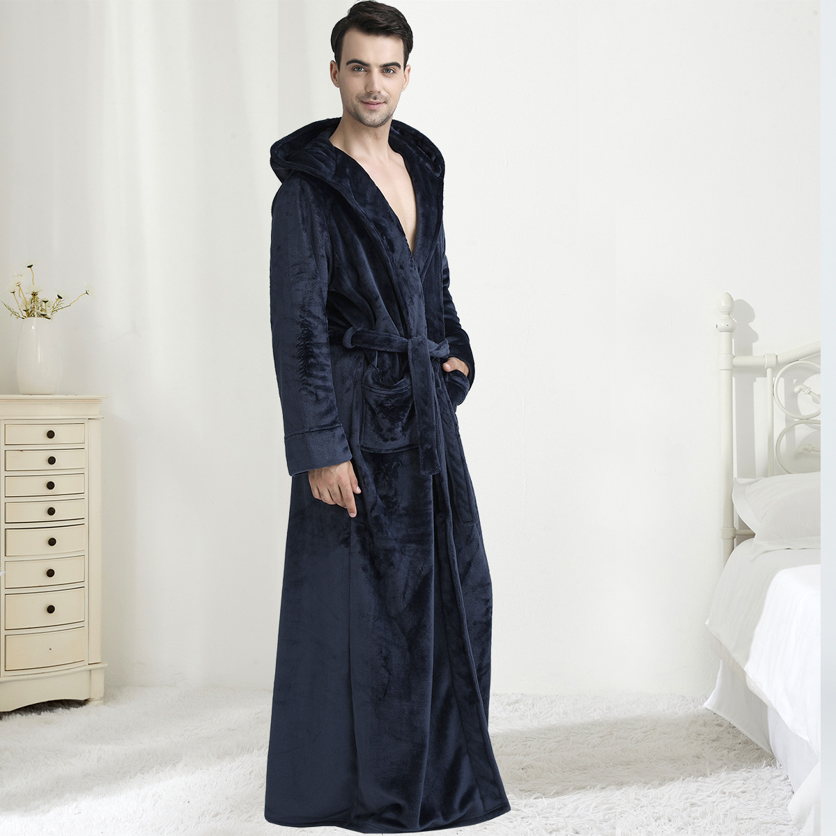 Navy blue mens hooded bathrobe shown with the hood raised.