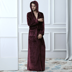 Wine red mens hooded bathrobe with a tied waist belt.