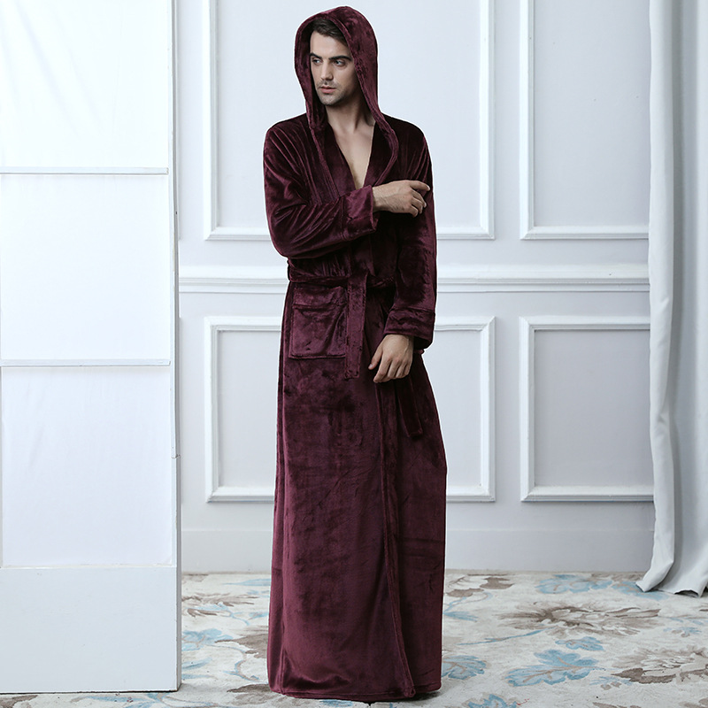 Wine red mens hooded bathrobe with a tied waist belt.