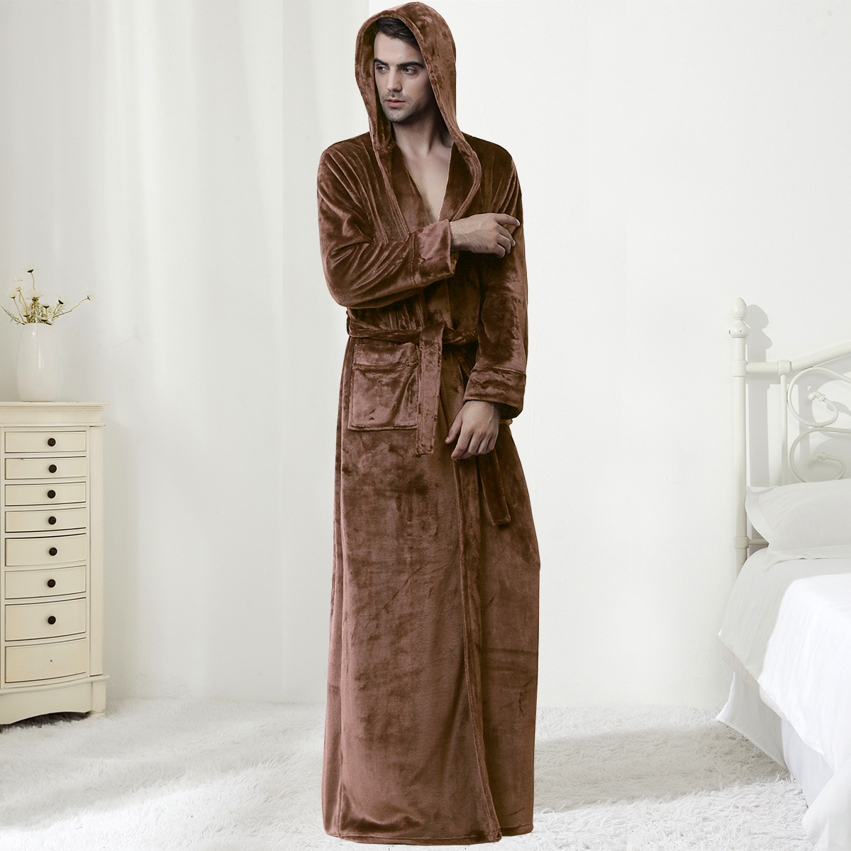 Brown mens hooded bathrobe shown at full length indoors.