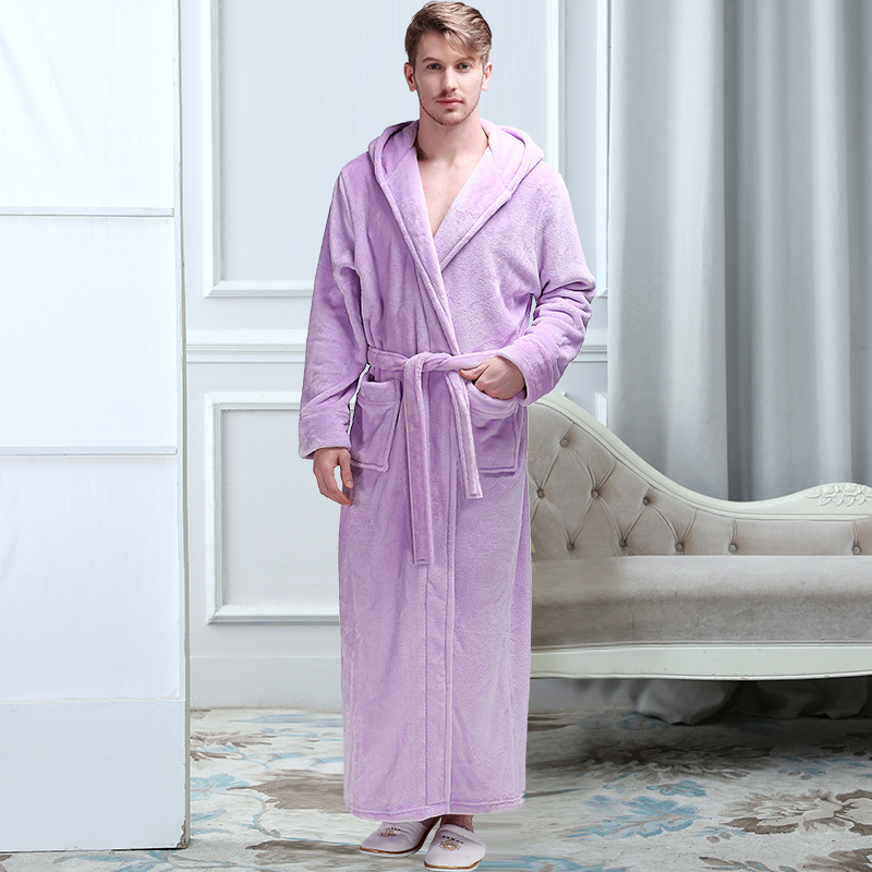 Pink mens hooded bathrobe with hood, pockets and waist belt.
