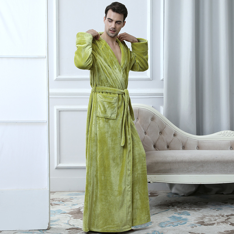 Green mens hooded bathrobe shown with a relaxed fit.