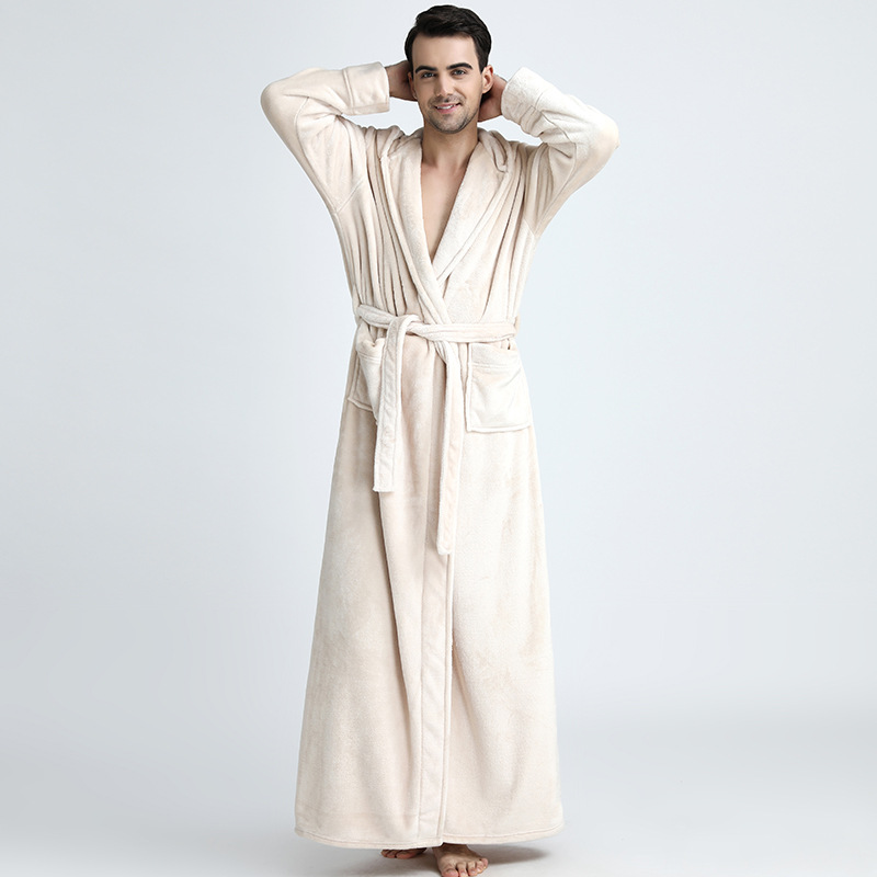 Beige mens hooded bathrobe with long sleeves and waist belt.