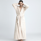 Beige mens hooded bathrobe with long sleeves and waist belt.